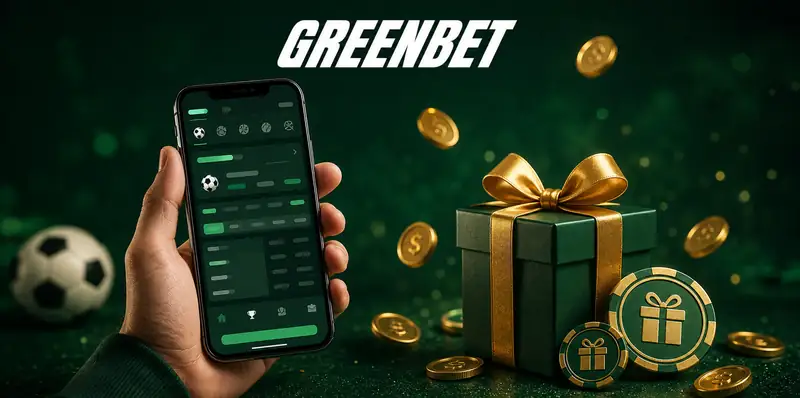 GreenBet mobile app with welcome bonus gift box and coins